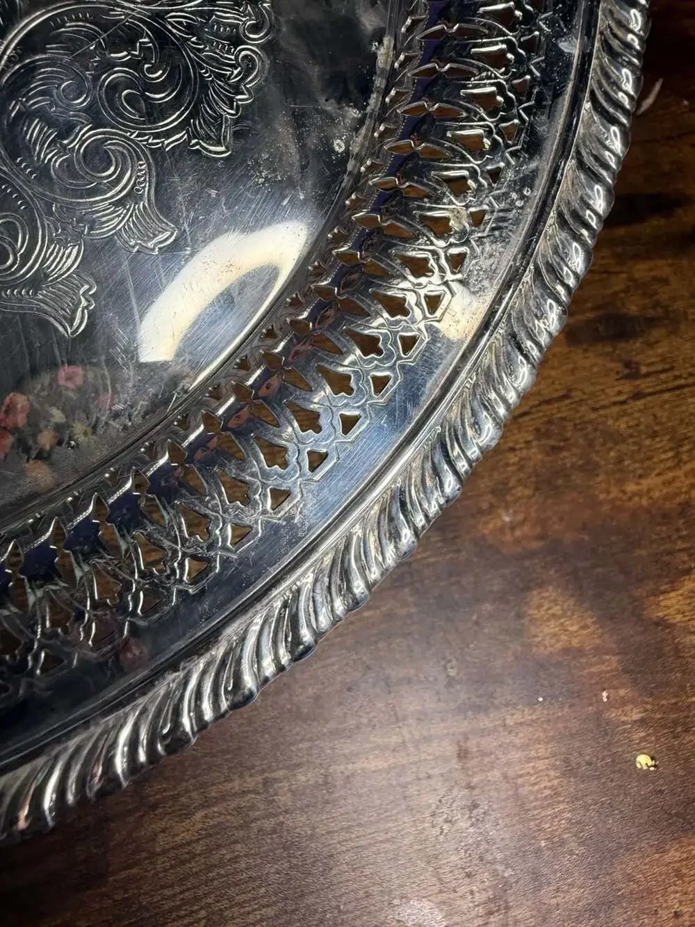 Oneida Silver Plated Round Pierced Scroll Serving Tray Platter
